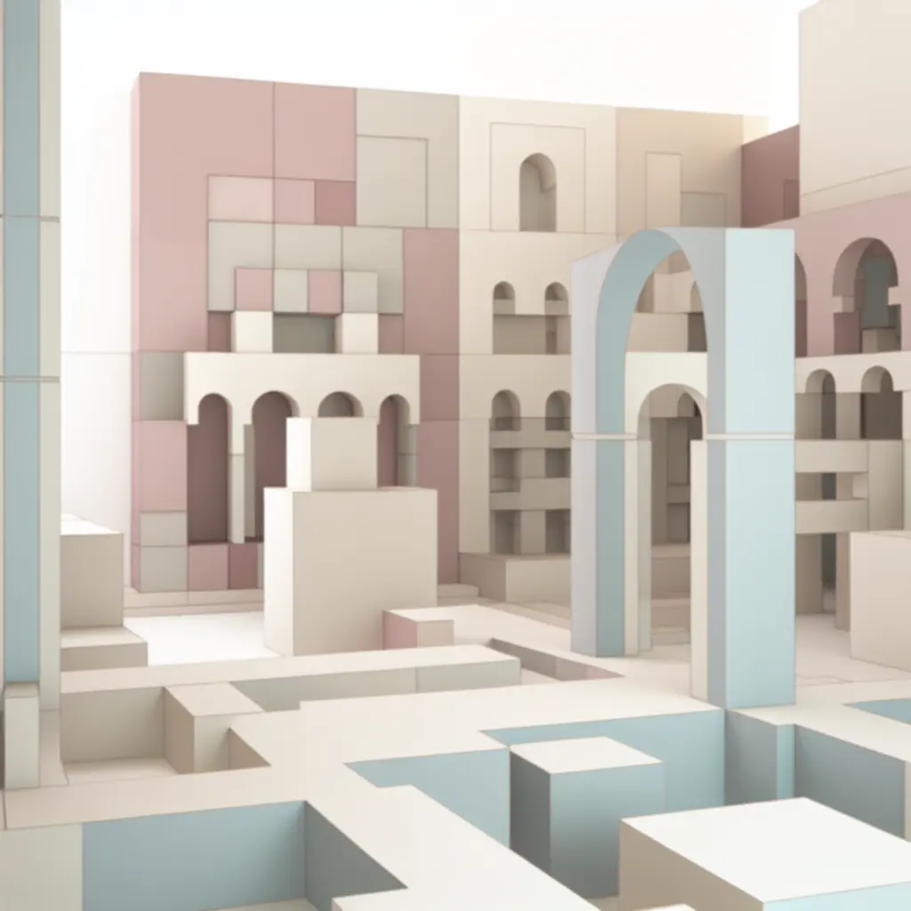 Galeria sztuki z widokami na pastelowe poziomy Monument Valley 2, przypominające minimalistyczne obrazy.