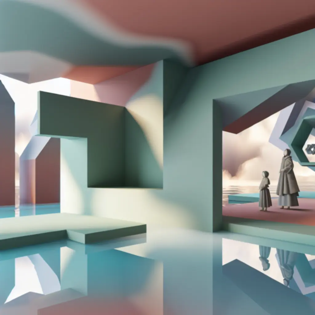 Pastelowa scena z Monument Valley 2 z surrealistyczną architekturą i spokojnym, nocnym tłem.