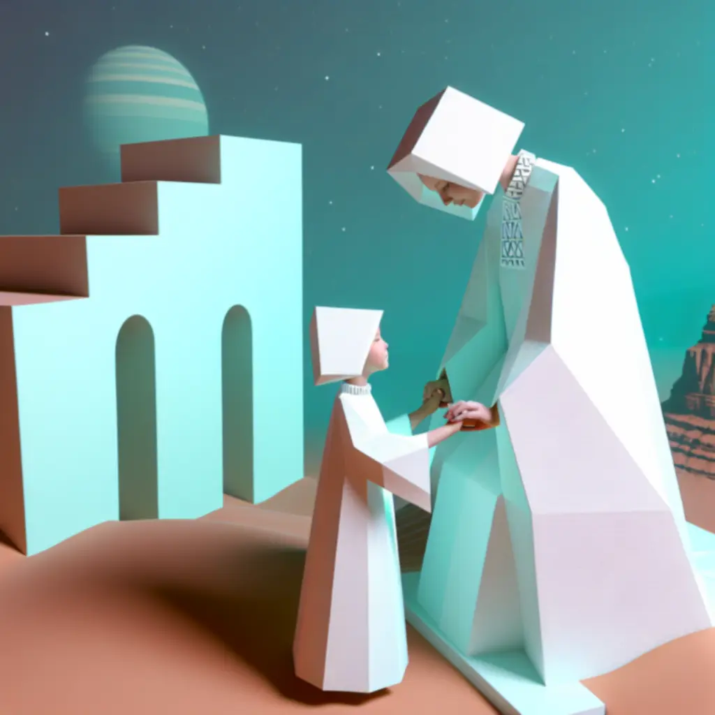 Ro i jej córka współpracujące przy rozwiązywaniu zagadek w Monument Valley 2