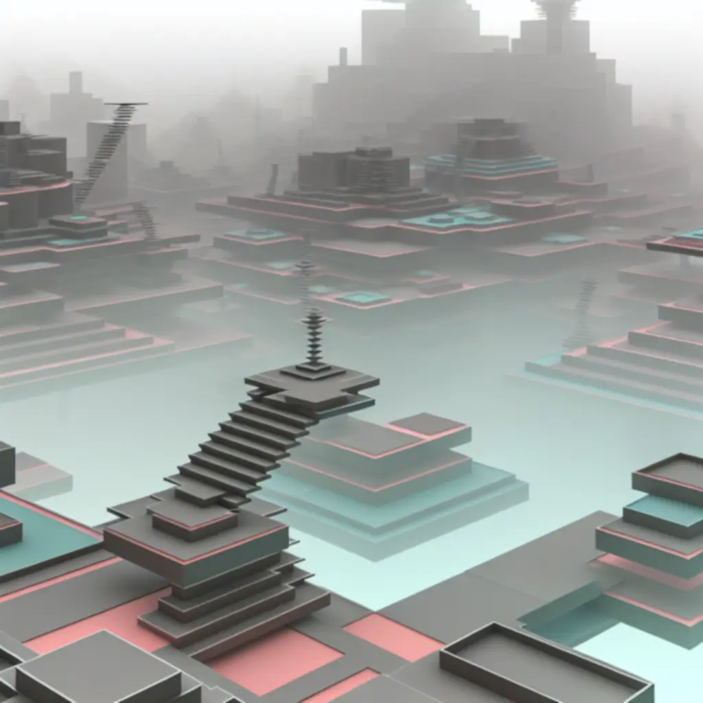 Zestaw ikonicznych scen z Monument Valley 2 przedstawionych jak obrazy w galerii, w pastelowych barwach.