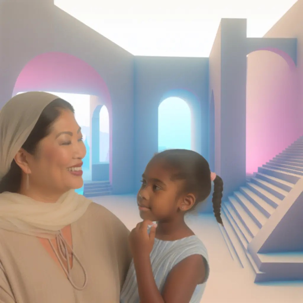 Ro i jej dziecko stojące razem na pastelowej platformie w Monument Valley 2